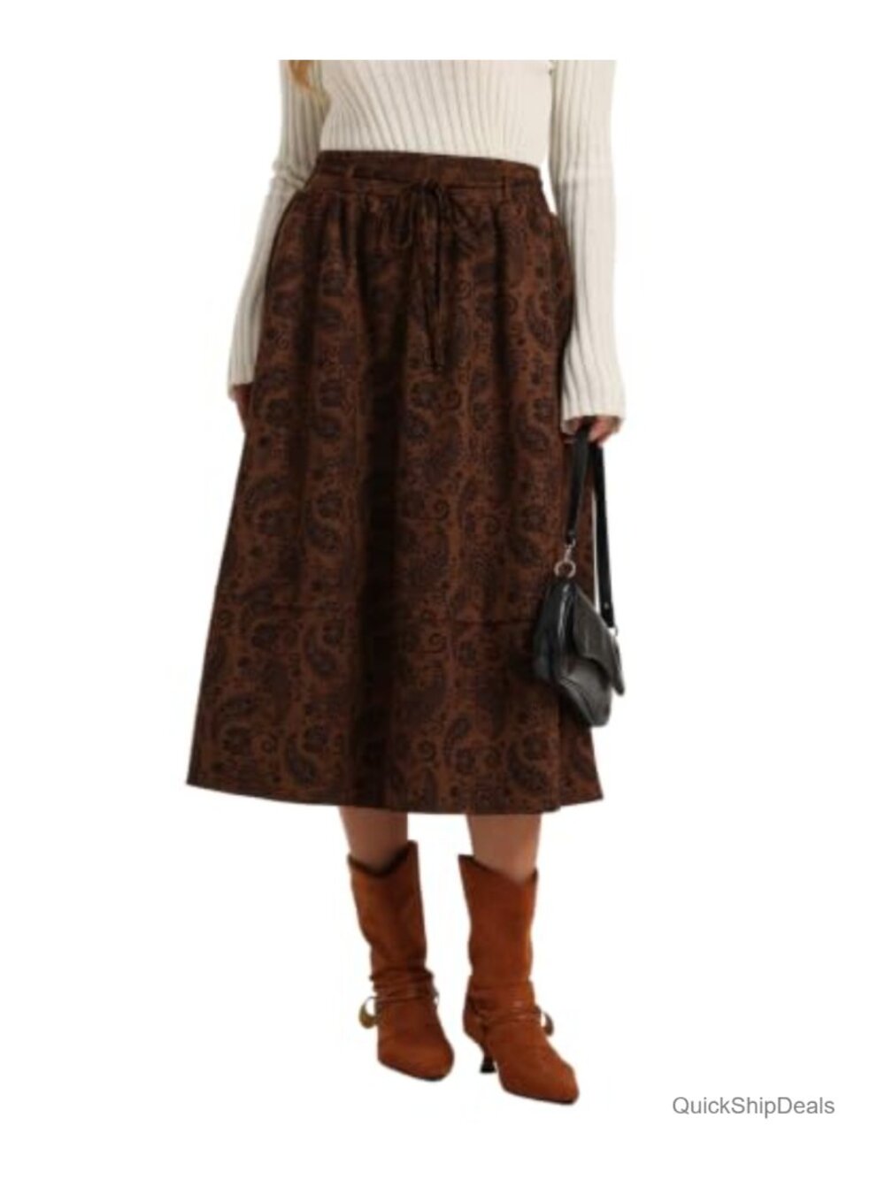 Faux Suede Paisley Midi Skirt Tie Back Elastic Waist A-Line